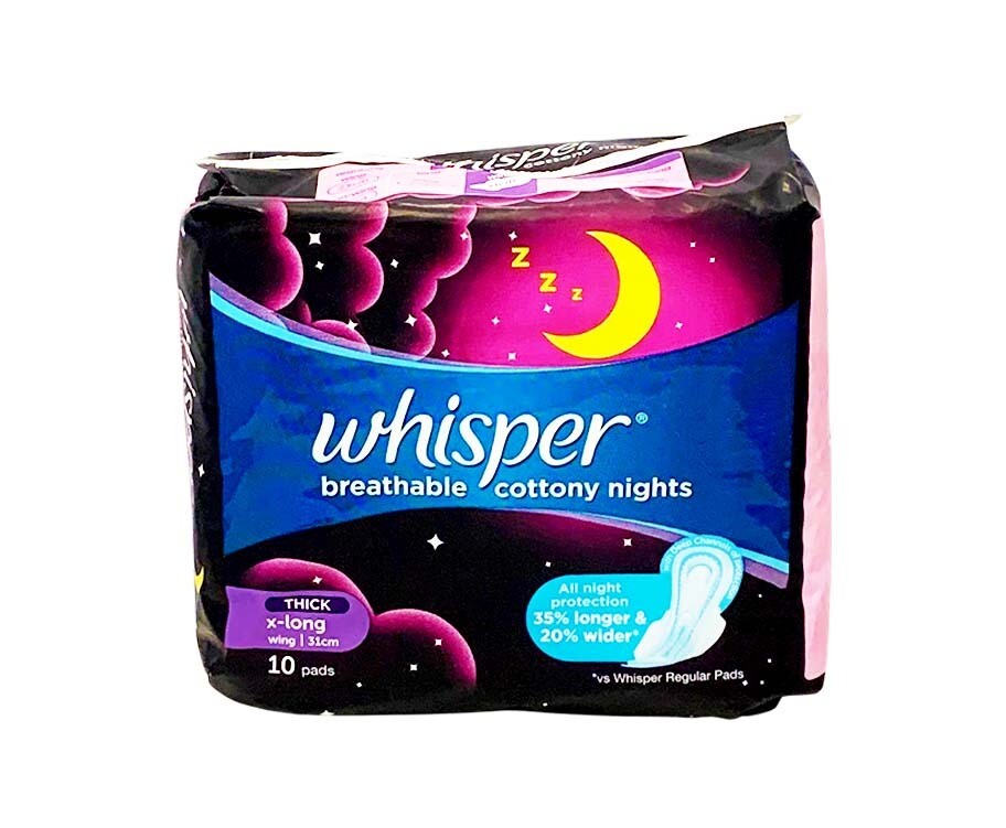 Whisper Breathable Cottony Nights All Night Protection Thick X-Long Wing 31cm 10 Pads