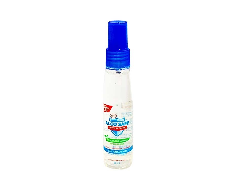 Uni Alco Safe Ethyl Alcohol with Moisturizer &amp; Vitamin E Hypoallergenic 70% Solution 55mL