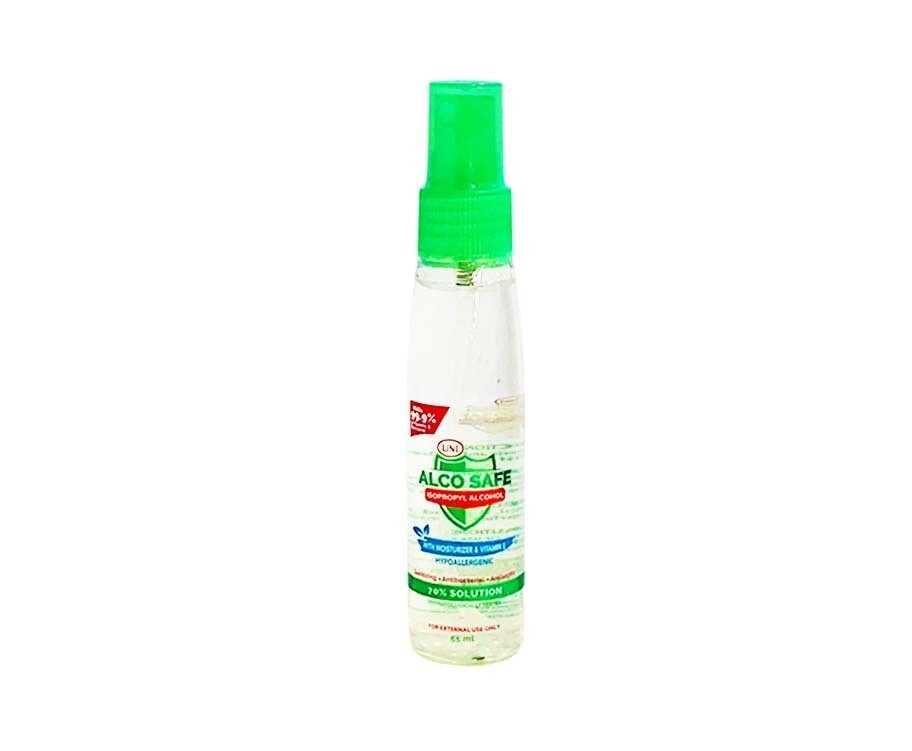 Uni Alco Safe Isopropyl Alcohol with Moisturizer &amp; Vitamin E Hypoallergenic 70% Solution 55mL