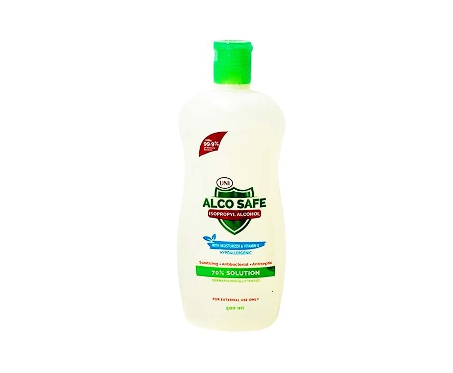 Uni Alco Safe Isopropyl Alcohol 70% Solution Hypoallergenic with Moisturizer &amp; Vitamin E 500mL