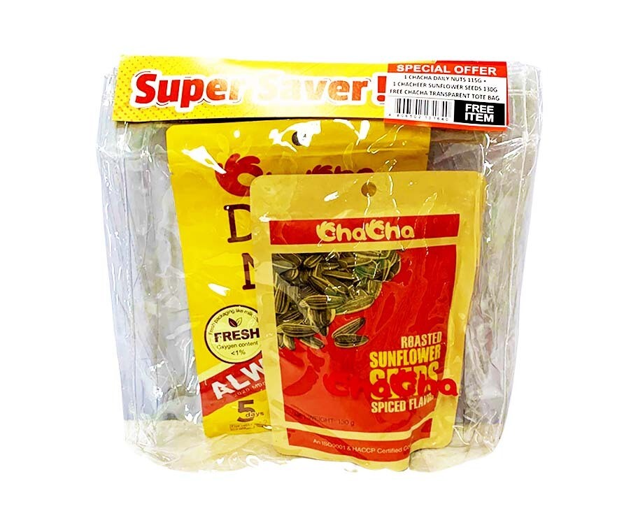 ChaCha Roasted Sunflower Seeds Spiced Flavor 130g + ChaCha Daily Nuts 115g + ChaCha Transparent Tote Bag