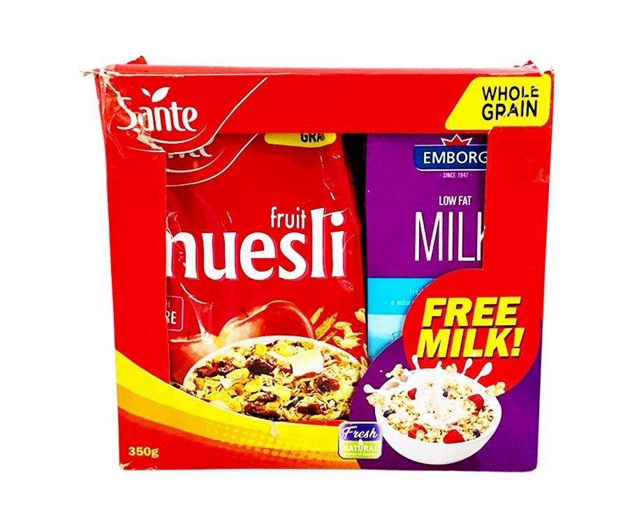 Santé Fruit Muesli 350g + Low Fat Milk 1L