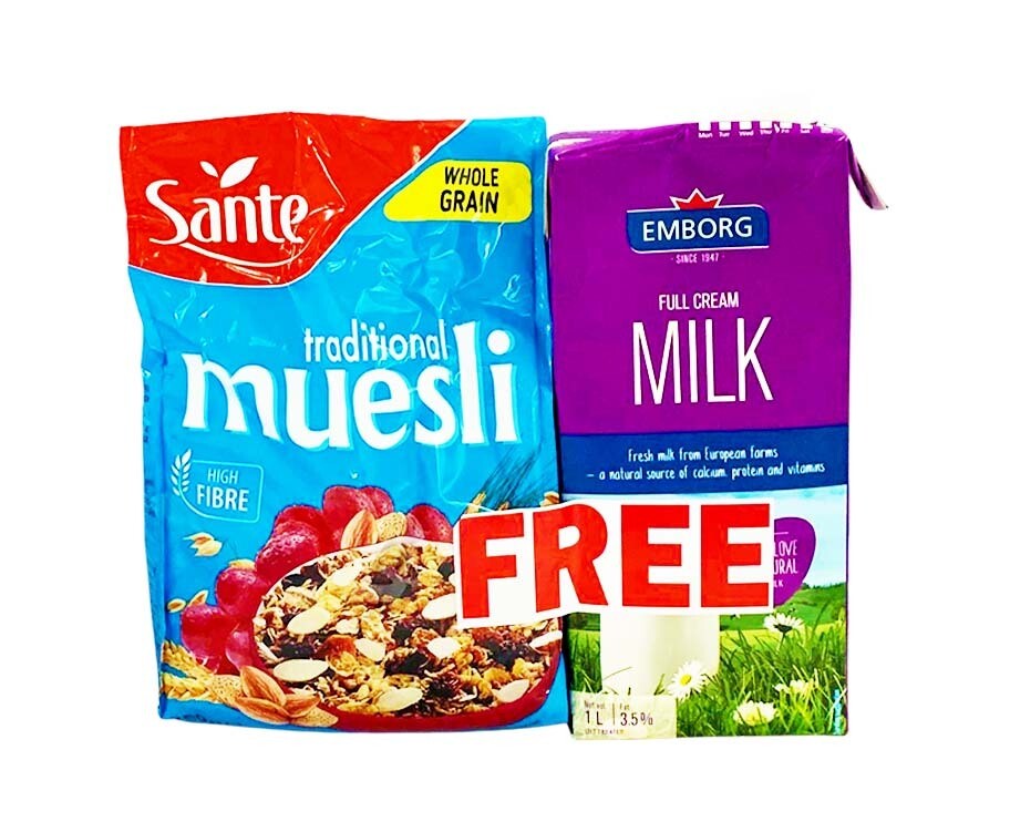 Santé Traditional Muesli Whole Grain 350g + Full Cream Milk 1L