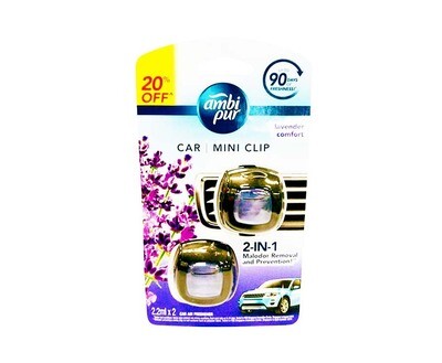 Ambi Pur Car Mini Clip 2-in-1 Malodor Removal and Prevention ​Lavender Comfort ​2.2mL x 2 Car Air Freshener