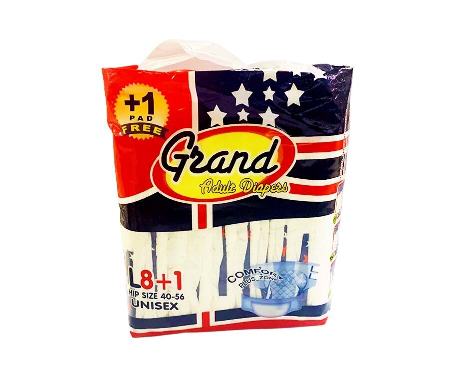 Grand Adult Diapers Comfort Plus Zone Hip Size 40-56 Unisex Large 8+1