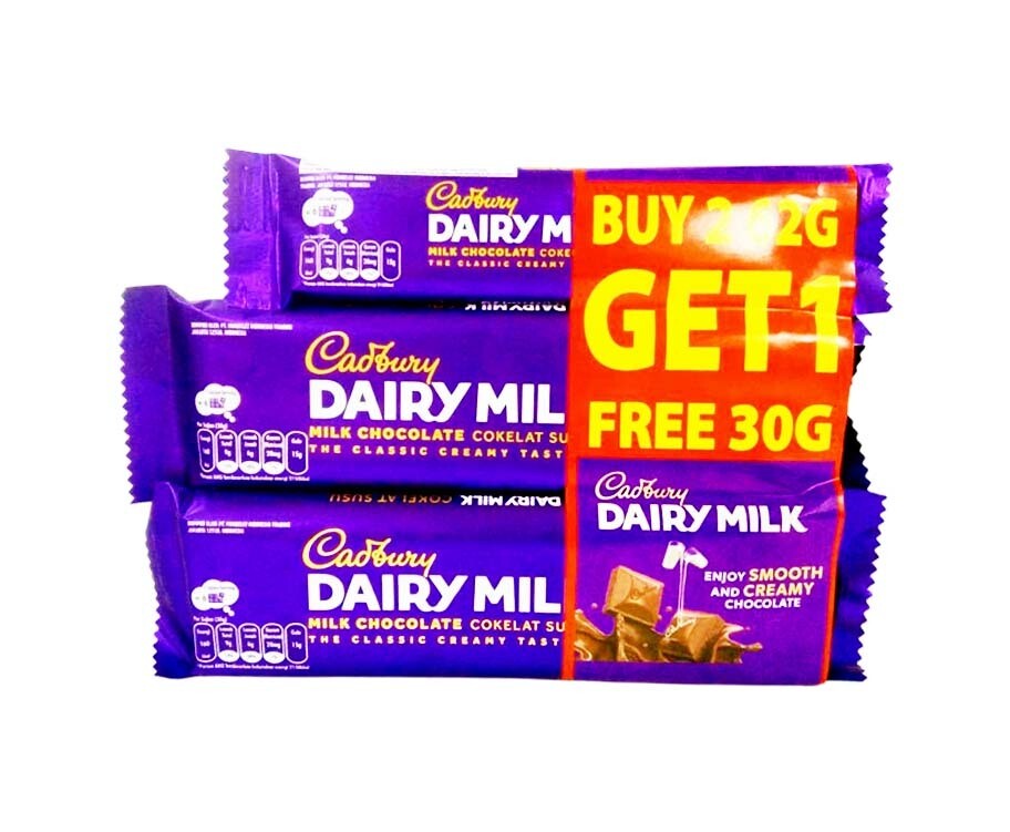 Cadbury Dairy Milk Milk Chocolate (2 Packs x 62g) + Free Cadbury Dairy Milk Milk Chocolate 30g