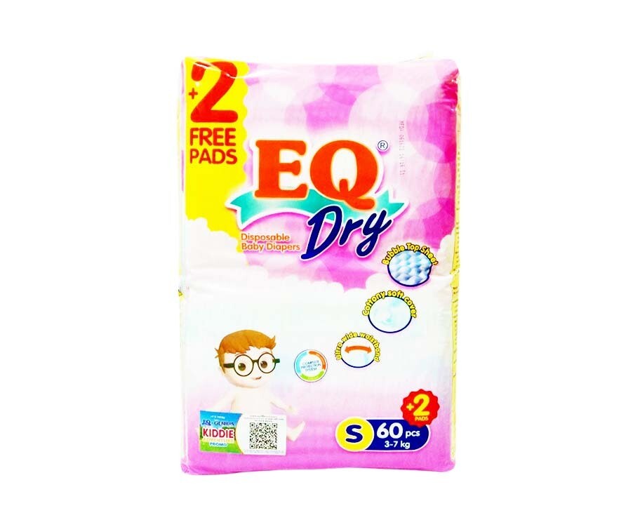 EQ Dry Disposable Baby Diapers Small (3-7kg) 60+2 Pads