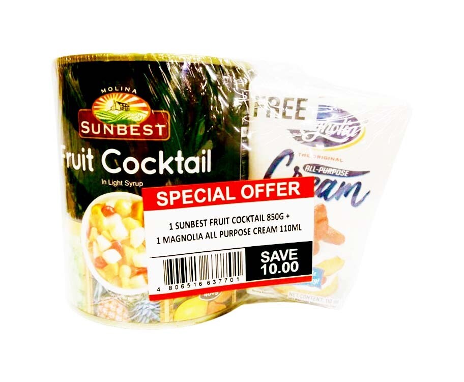 Molina Sunbest Fruit Cocktail in Light Syrup 850g + Free Magnolia All Purpose Cream 110mL