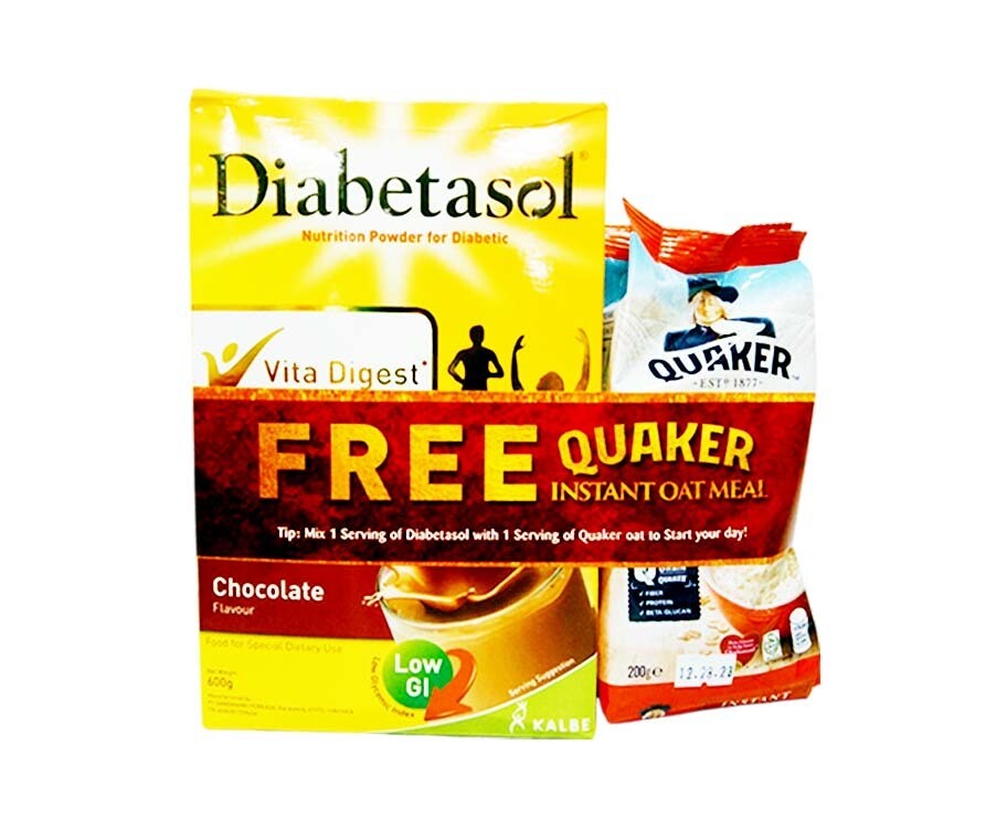 Diabetasol Nutrition Powder for Diabetic Chocolate Flavour 600g + Free Quaker Instant Oatmeal 200g