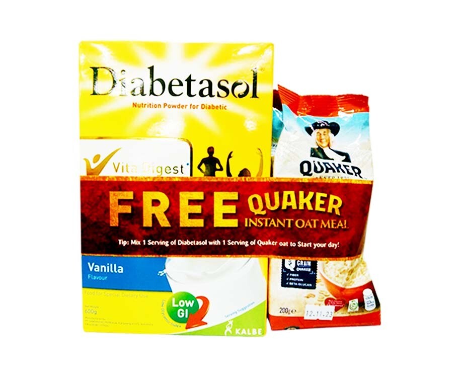 Diabetasol Nutrition Powder for Diabetic Vanilla Flavour 600g + Free Quaker Instant Oatmeal 200g