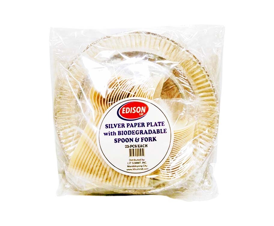 Edison LST Silver Paper Plate with Biodegradable Spoon &amp; Fork (25 Pieces Each)