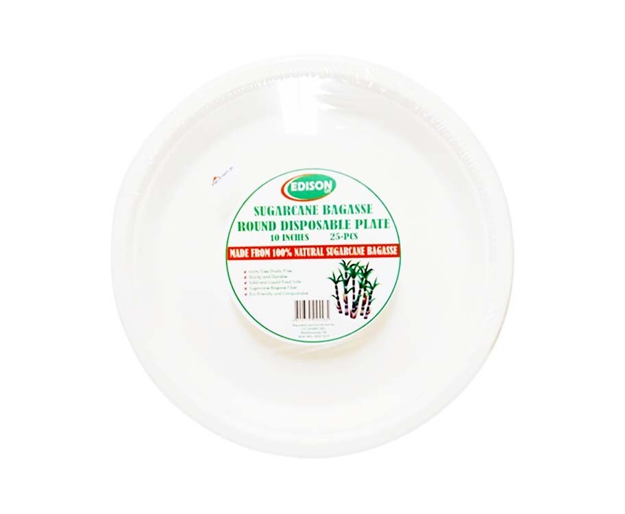 Edison LST Sugarcane Bagasse Round Disposable Plate 10&quot; (25 Pieces)