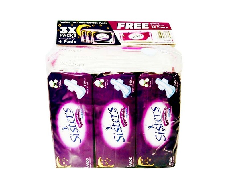 Sisters Overnight Dry Super Heavy Flow (3 Packs x 4 Pads) + Free