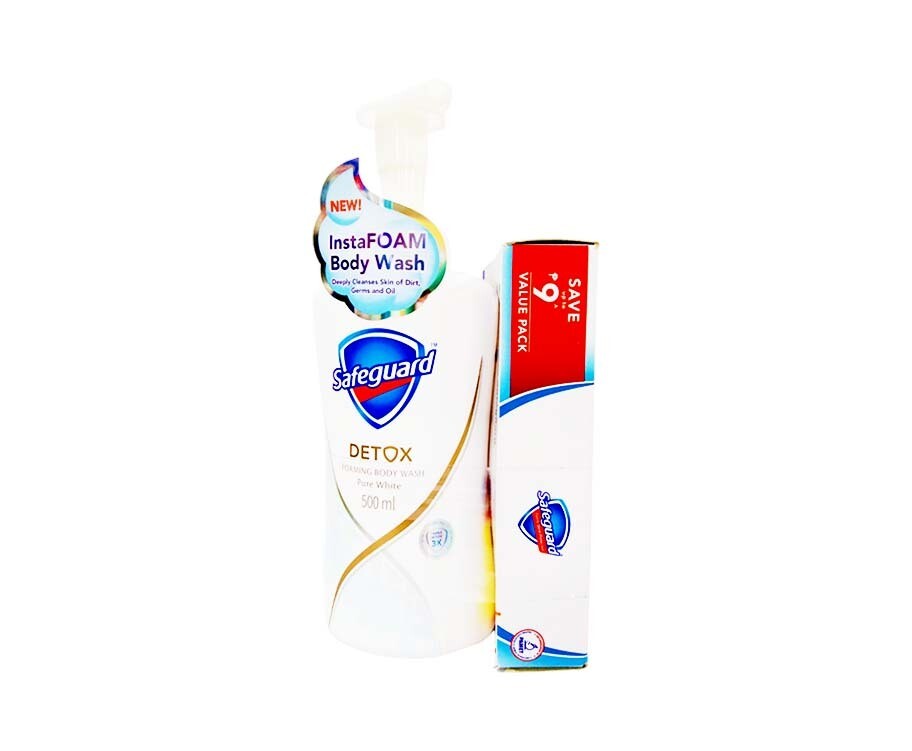 Safeguard Detox Foaming Body Wash Pure White 500mL + Free Safeguard Family Germ Protection Pure White (3 Packs x 85g)