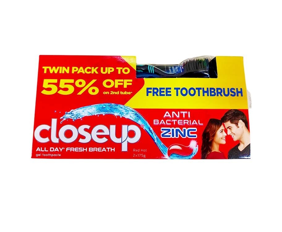 Closeup All Day Fresh Breath Anti Bacterial Zinc + Free Toothbrush (2 Packs x 175g)