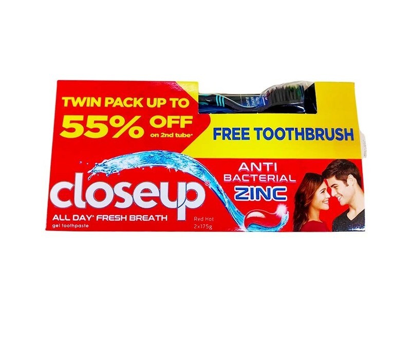 Closeup All Day Fresh Breath Anti Bacterial Zinc + Free Toothbrush (2 Packs x 175g)