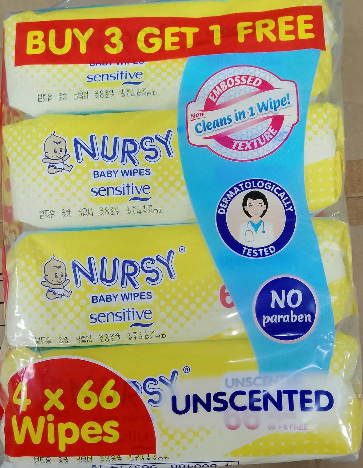 Nursy Baby Wipes Sensitive Unscented (4 Packs x 66 Wipes)