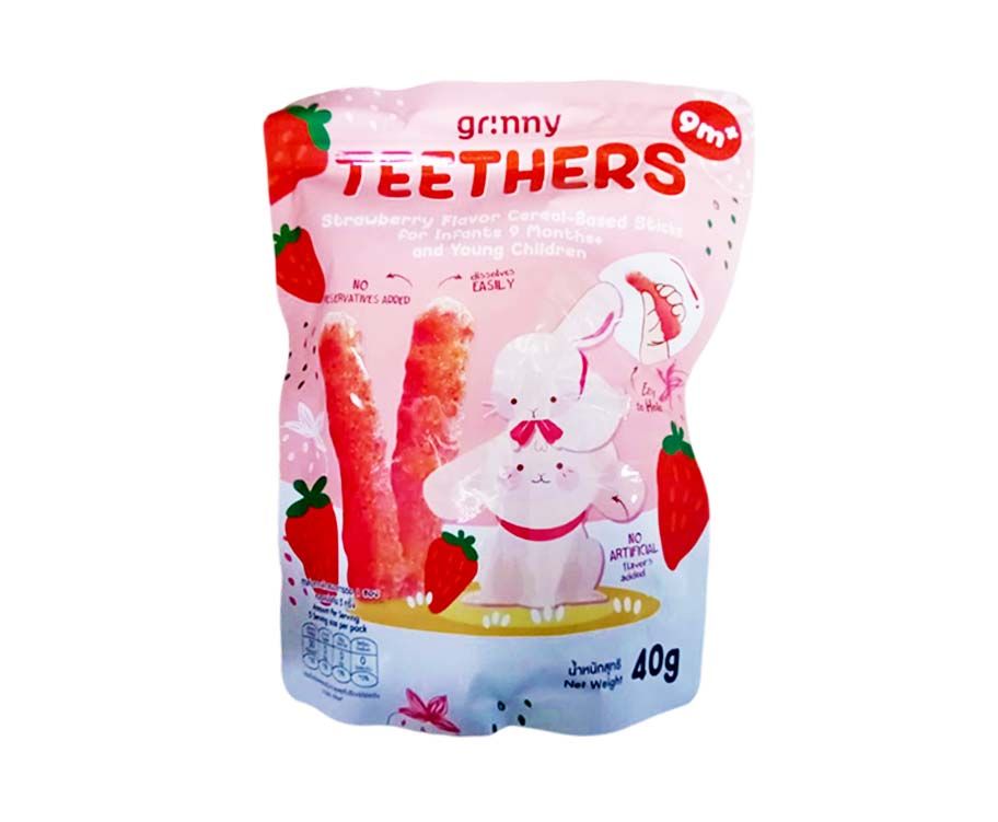 Grinny Teethers Strawberry Flavor Cereal-Based Sticks 40g