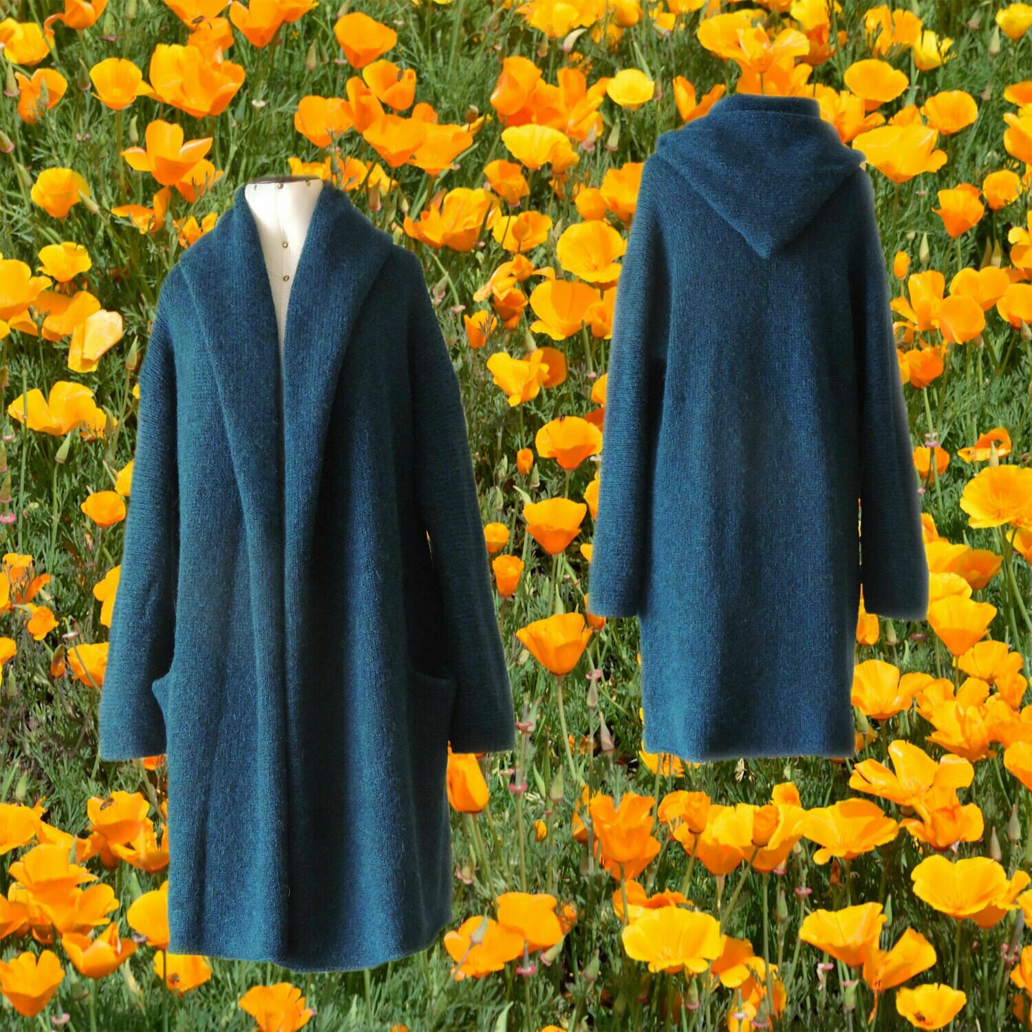 Capote Coat felted alpaca blend cardigan oversized hooded / non hood, Blue