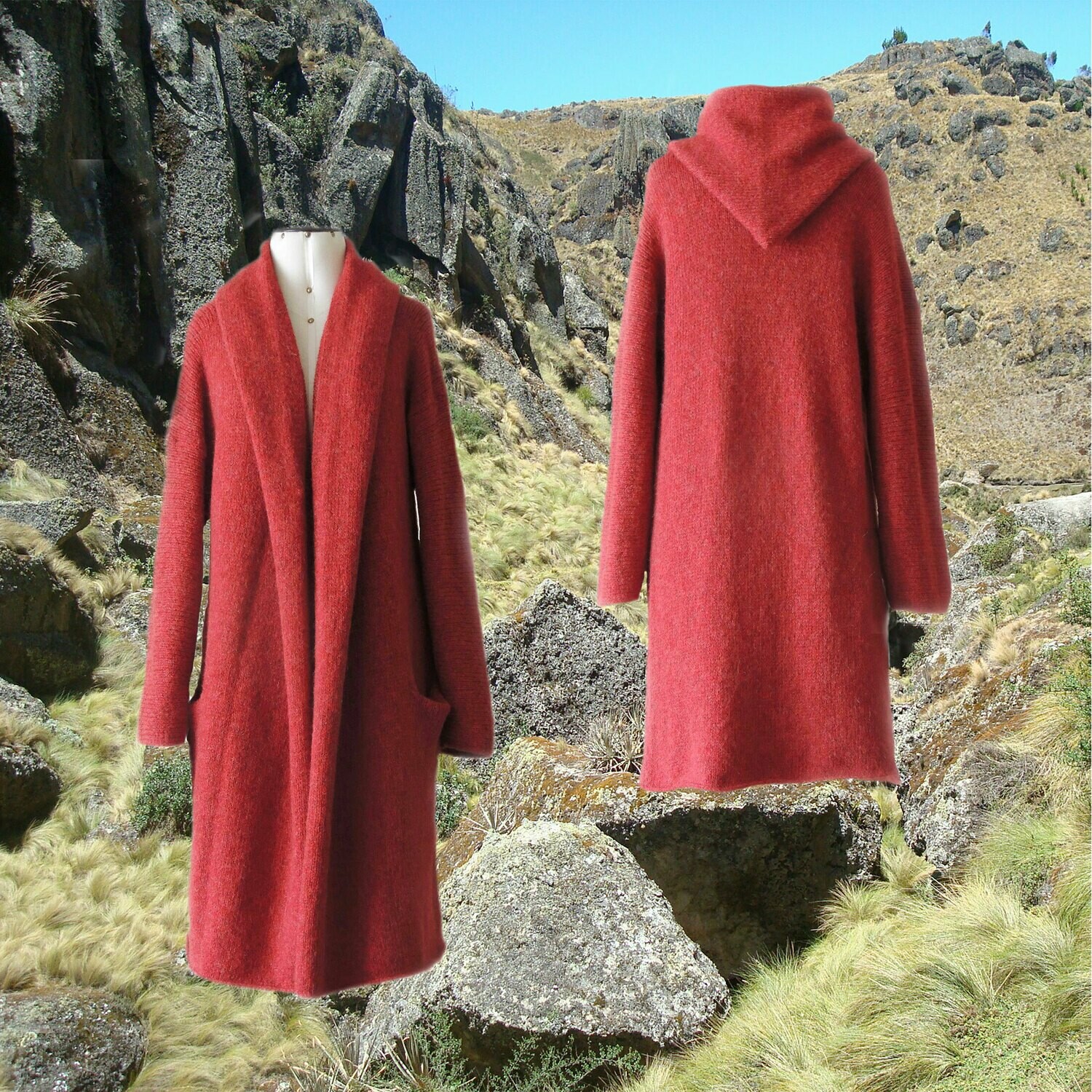 Capote Coat felted alpaca blend cardigan oversized hooded / non hood, Red