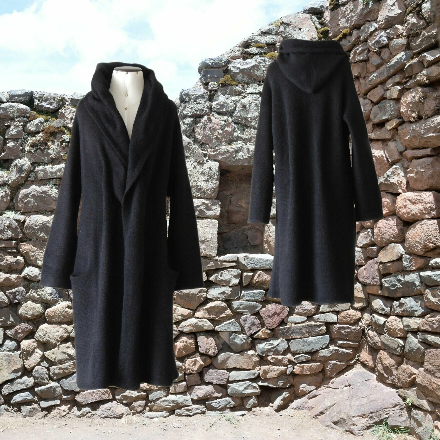Capote Coat felted alpaca blend cardigan oversized hooded / non hood, Black