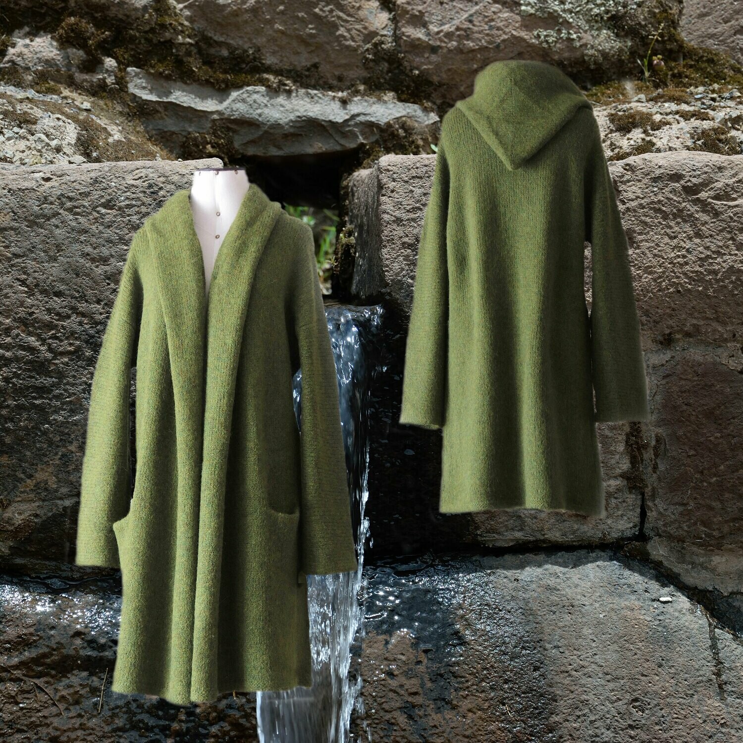 Capote Coat felted alpaca blend cardigan oversized hooded / non hood, Green