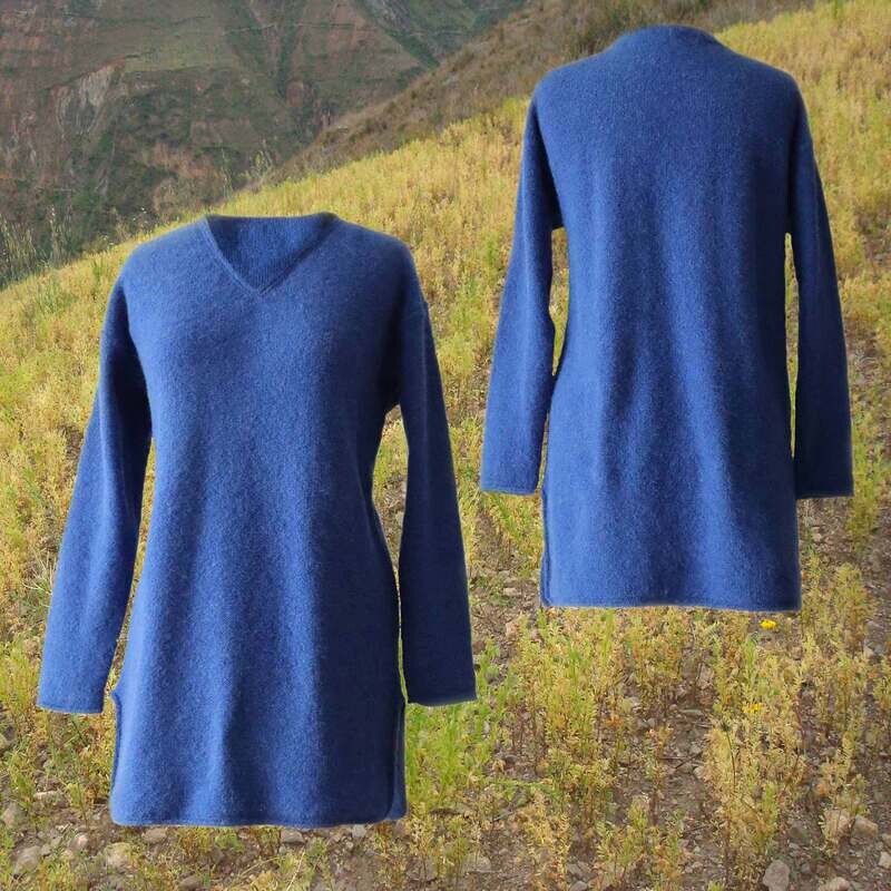 Women's sweater, in soft alpaca blend V-neck, blue