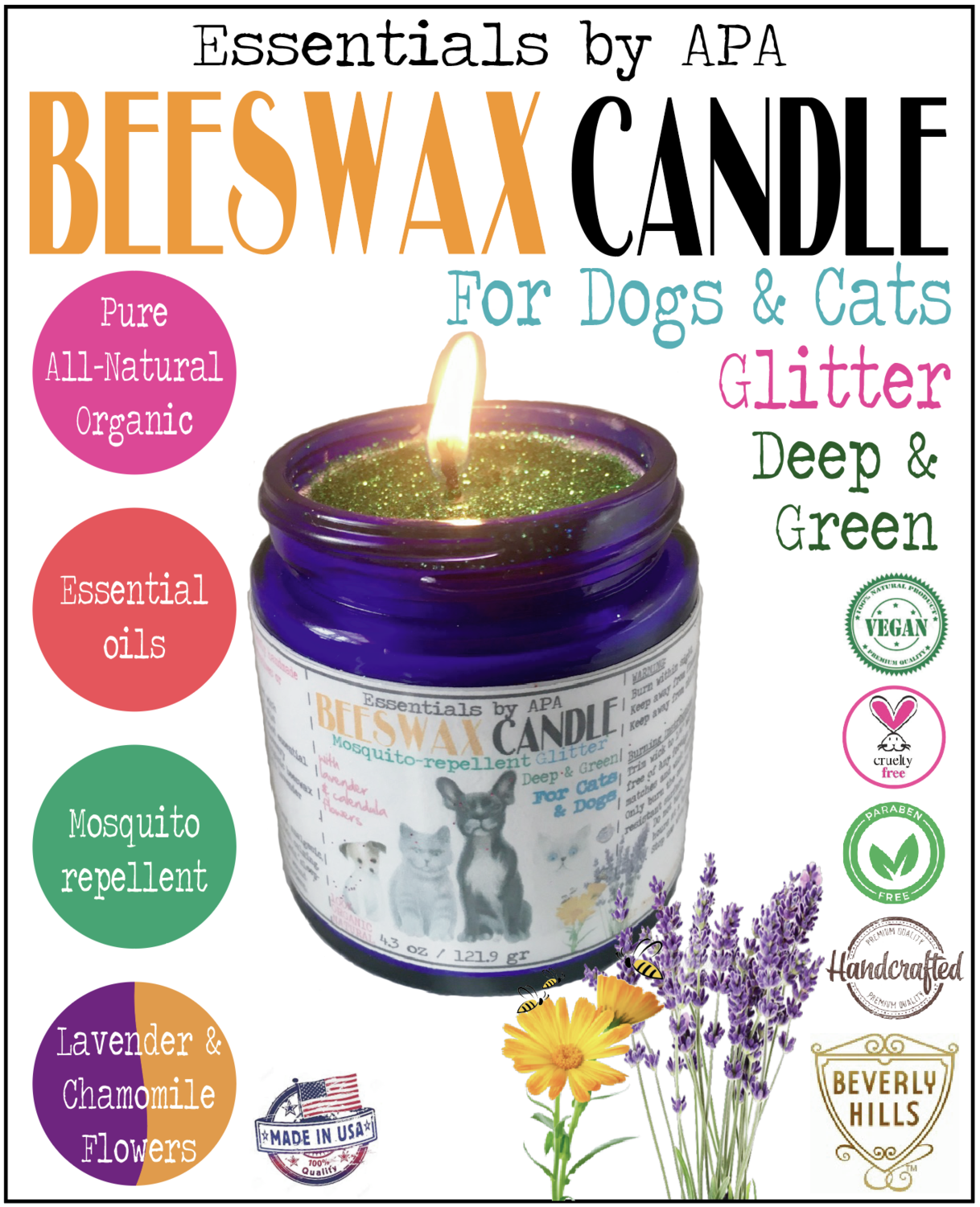 🕯🐕🐈 Beeswax Candle Mosquito-repellent Deep Green for Cats Dogs