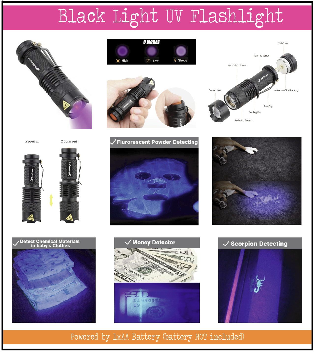 🔦Black Light UV Flashlight Blacklight Pets Urine and Stains Detector Zoomable Ultraviolet 395 nm LED for Dog Cat Urine Bed Bug