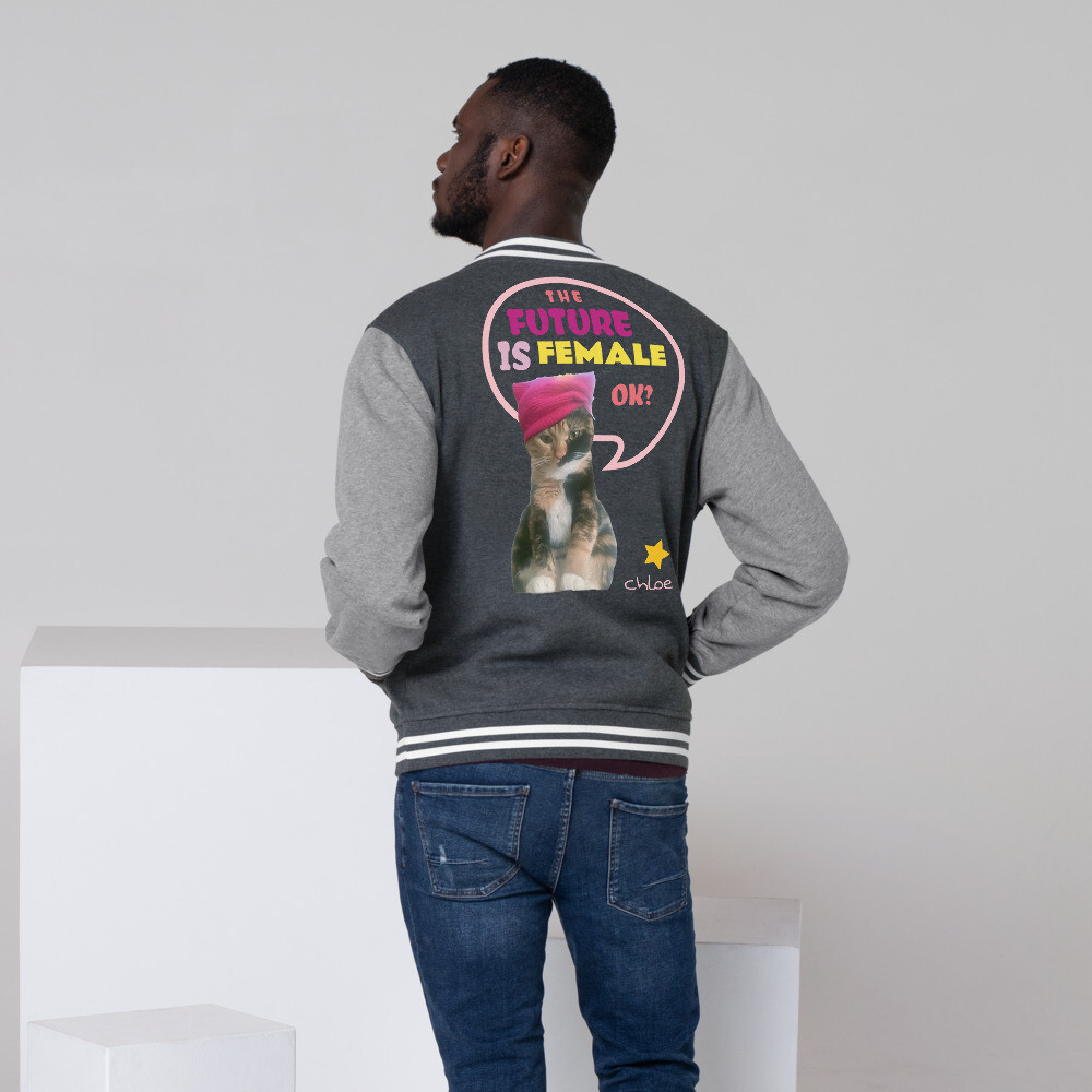 🤴🏽Deluxe Men's Varsity Letterman Jacket statement the future is female cat S M L XL 2XL gray pink yellow tones Equal Rights Liberal feminist