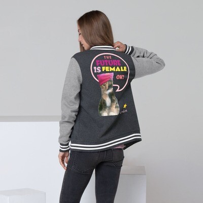 👸🏽Deluxe Women's Varsity Letterman Jacket statement the future is female cat S M L XL 2XL gray pink yellow tones Equal Rights Liberal feminist