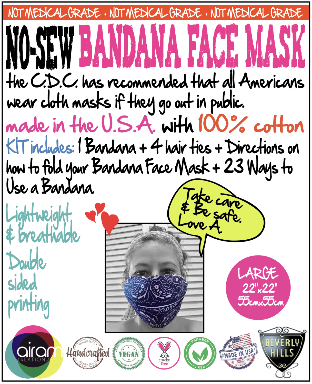 👸🏽🤴🏽 Bandana Face Mask Kit 100% Cotton with 4 hair ties, 1 pair nylon of stocking to boost protection, Directions on how to fold. Custom Personalized Gift