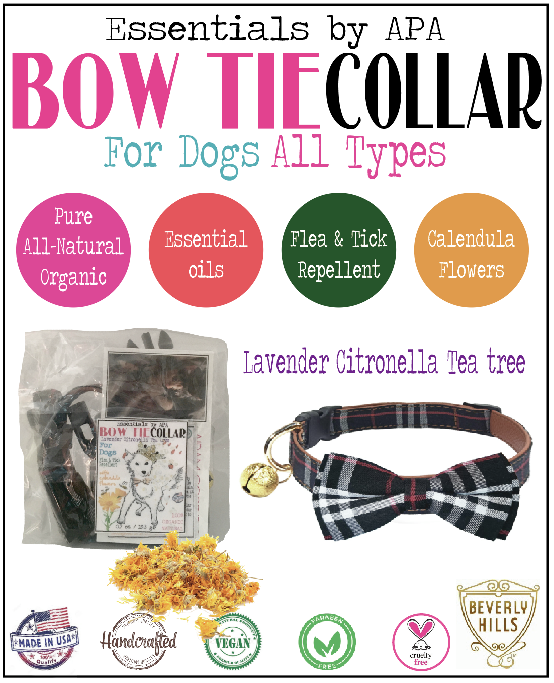 🐕 ⧓ Flea & Tick repellent Burberry plaid Bow tie Dog collar with Breakaway buckle Organic Essential Oil Scented Adjustable Movable (S,M,L)