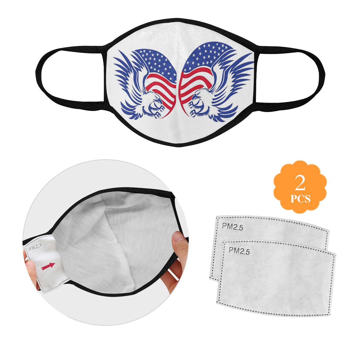 👸🏽🤴🏽4th of July Soft Breathable Fabric Reusable w/ 2 PM 2.5 Filters 3 sizes S M L Adults and Kids matching masks Pack 1 to 1000 units 2 eagles