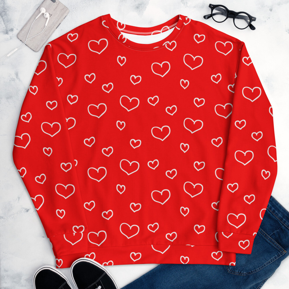 Unisex Sweatshirt Valentine, white hearts on red, Valentine's day, love, heart pattern, 7 Sizes XS to 3X, Gift