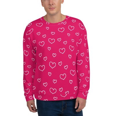 Unisex Sweatshirt Valentine, white hearts on raspberry pink, Valentine's day, love, heart pattern, 7 Sizes XS to 3X, Gift