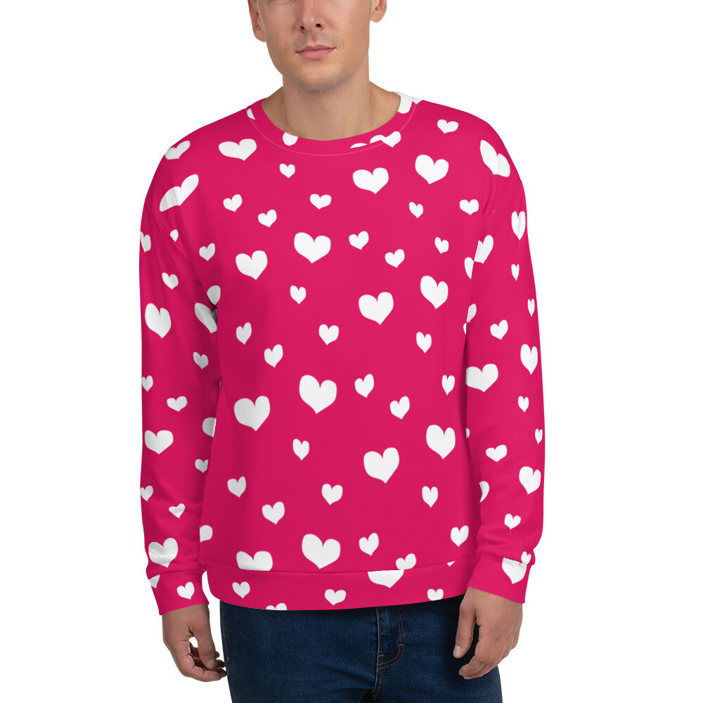 Unisex Sweatshirt Valentine, white hearts on raspberry pink, Valentine's day, love, heart pattern, 7 Sizes XS to 3X, Gift