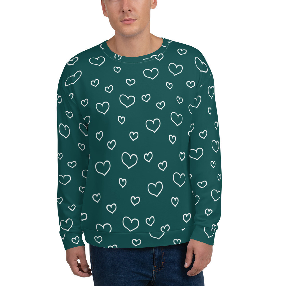 Unisex Sweatshirt Valentine, white hearts on dark teal, Valentine's day, love, heart pattern, 7 Sizes XS to 3X, Gift