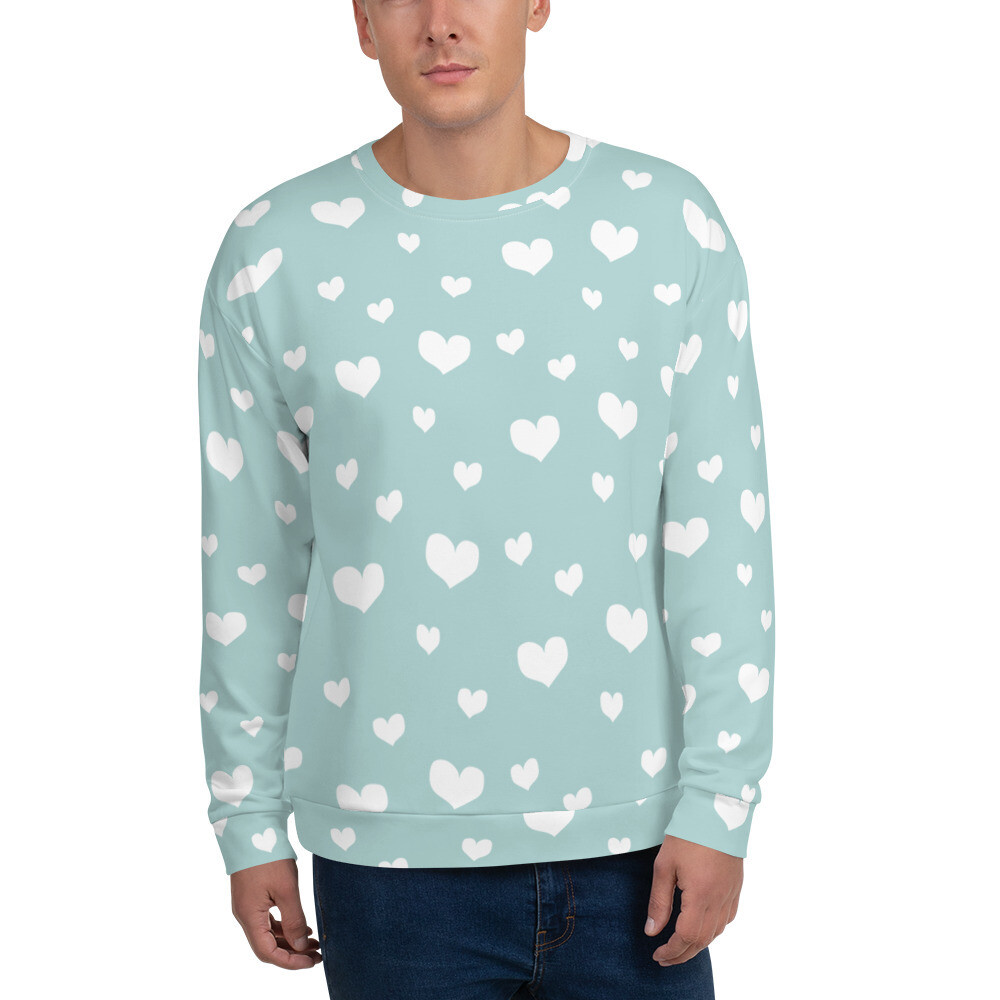 Unisex Sweatshirt Valentine, white hearts on light teal, Valentine's day, love, heart pattern, 7 Sizes XS to 3X, Gift