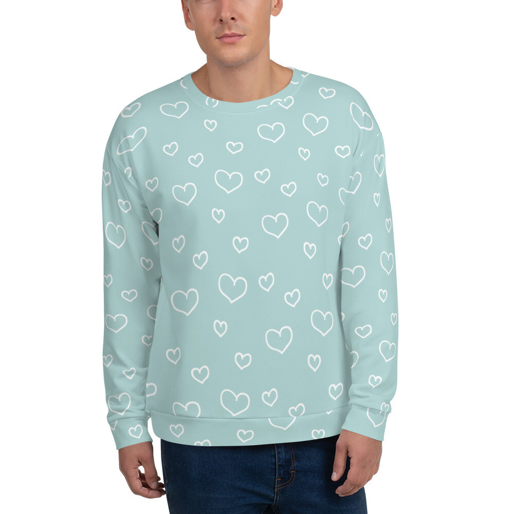 Unisex Sweatshirt Valentine, white outline hearts on light teal, Valentine's day, love, heart pattern, 7 Sizes XS to 3X, Gift