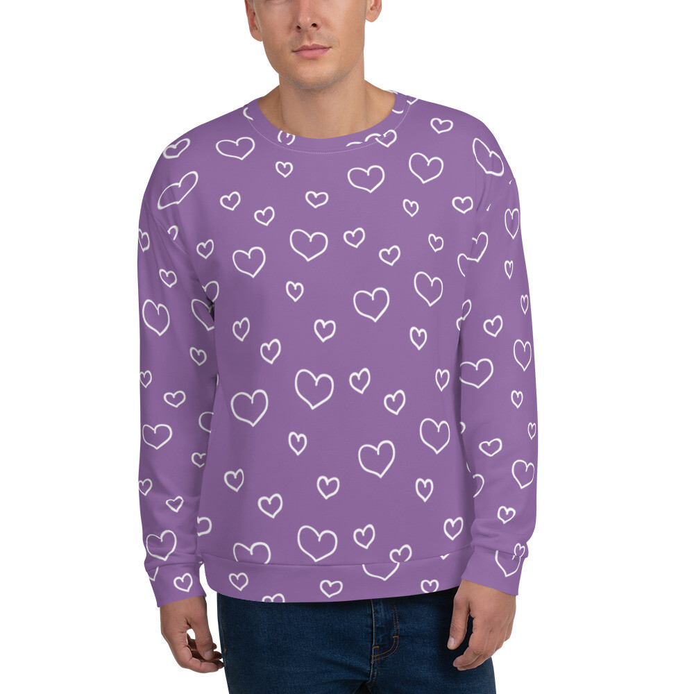 Unisex Sweatshirt Valentine, white hearts on purple amethyst orchid, Valentine's day, love, heart pattern, 7 Sizes XS to 3X, Gift, 2021