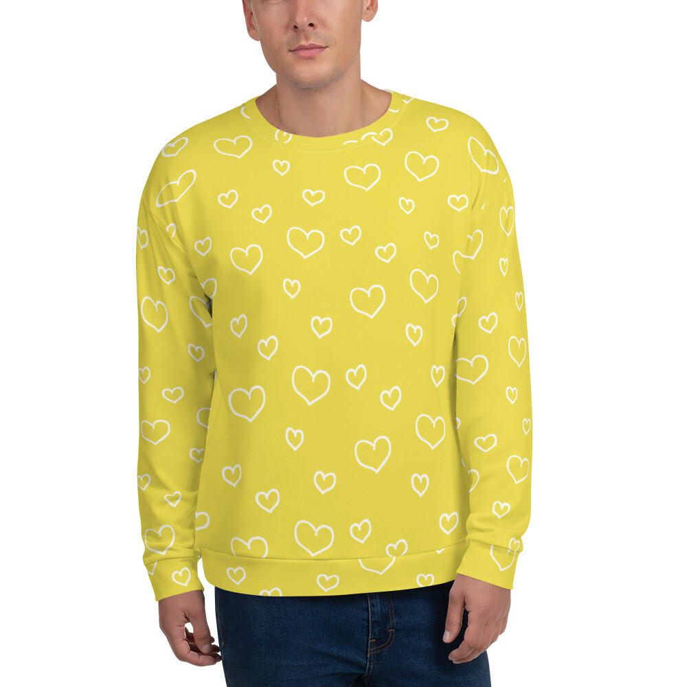 Unisex Sweatshirt Valentine, white hearts on yellow illuminating, Valentine's day, love, heart pattern, 7 Sizes XS to 3X, Gift, pantone 2021