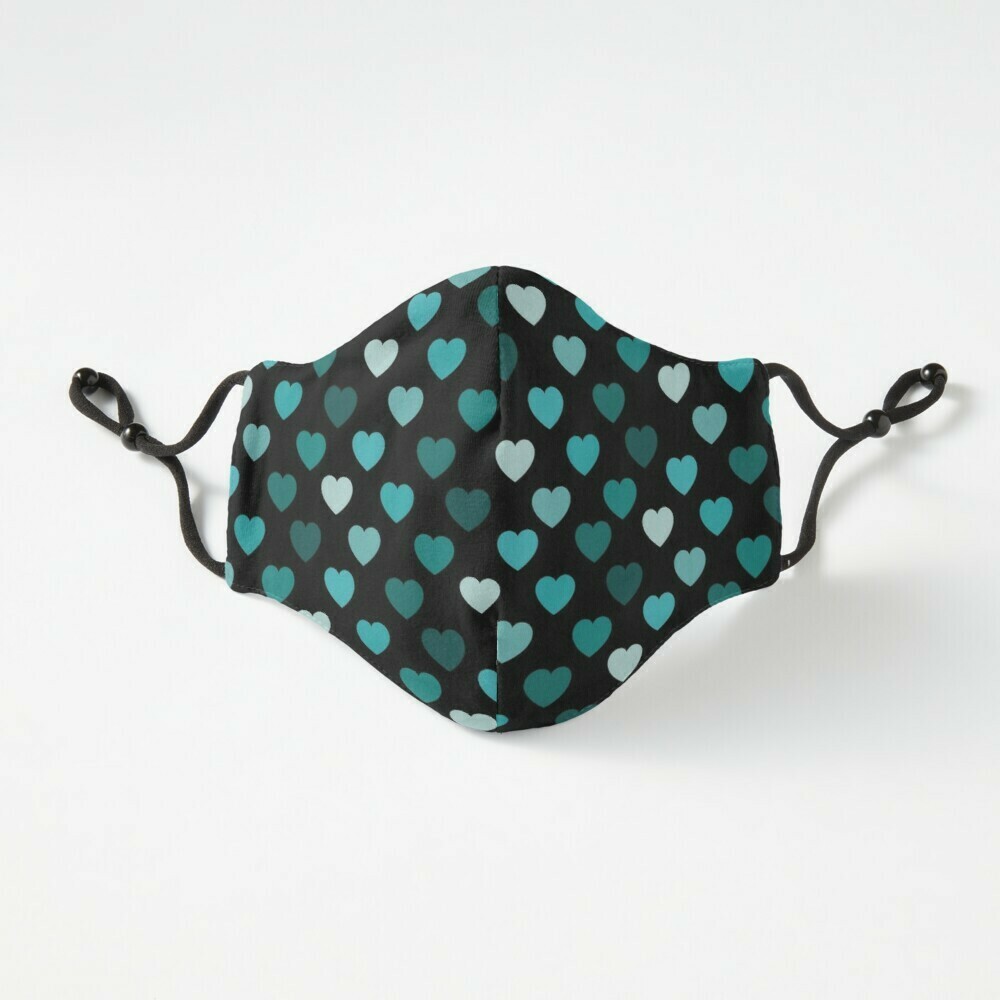 👸🏽🤴🏽Three-layer fitted Face mask Valentine, Shades of teal hearts on black Adjustable ear straps 2 sizes Regular, Small (teen)