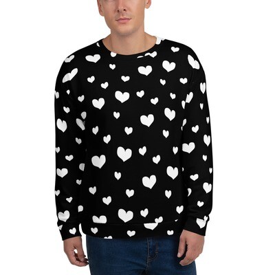Unisex Sweatshirt Valentine, white hearts on black, Valentine's day, love, heart pattern, 7 Sizes XS to 3X, Gift, black and white