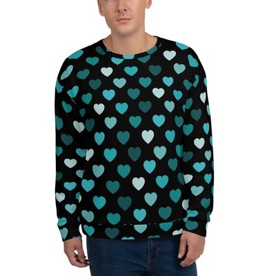 Unisex Sweatshirt Valentine, Shades of teal hearts on black, Valentine's day, love, heart pattern, 7 Sizes XS to 3X, Gift