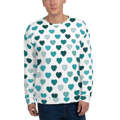 Valentine, Shades of teal hearts on white, Valentine's day, love, heart pattern Unisex Sweatshirt 7 Sizes XS to 3X, Gift, white