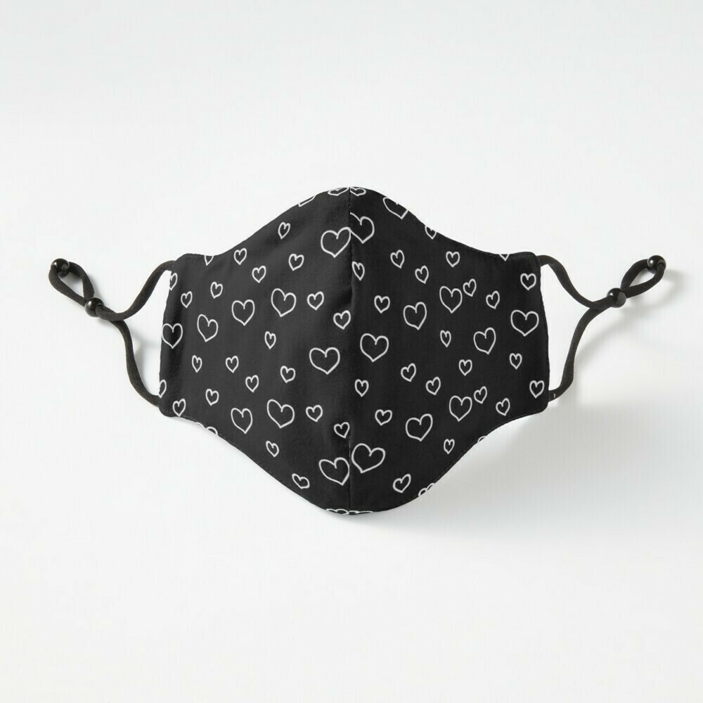 👸🏽🤴🏽Three-layer fitted Face mask Valentine, white outline hearts on black Adjustable ear straps 2 sizes Regular, Small (teen)