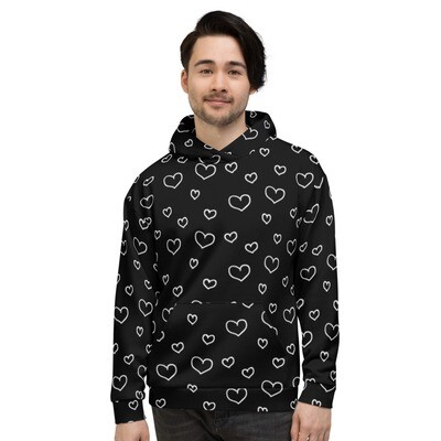 👸🏽🤴🏽Fashion Unisex Hoodie Valentine, white hearts on black, Valentine's day, love, heart pattern 7 Sizes XS to 3X, Gift, All over print