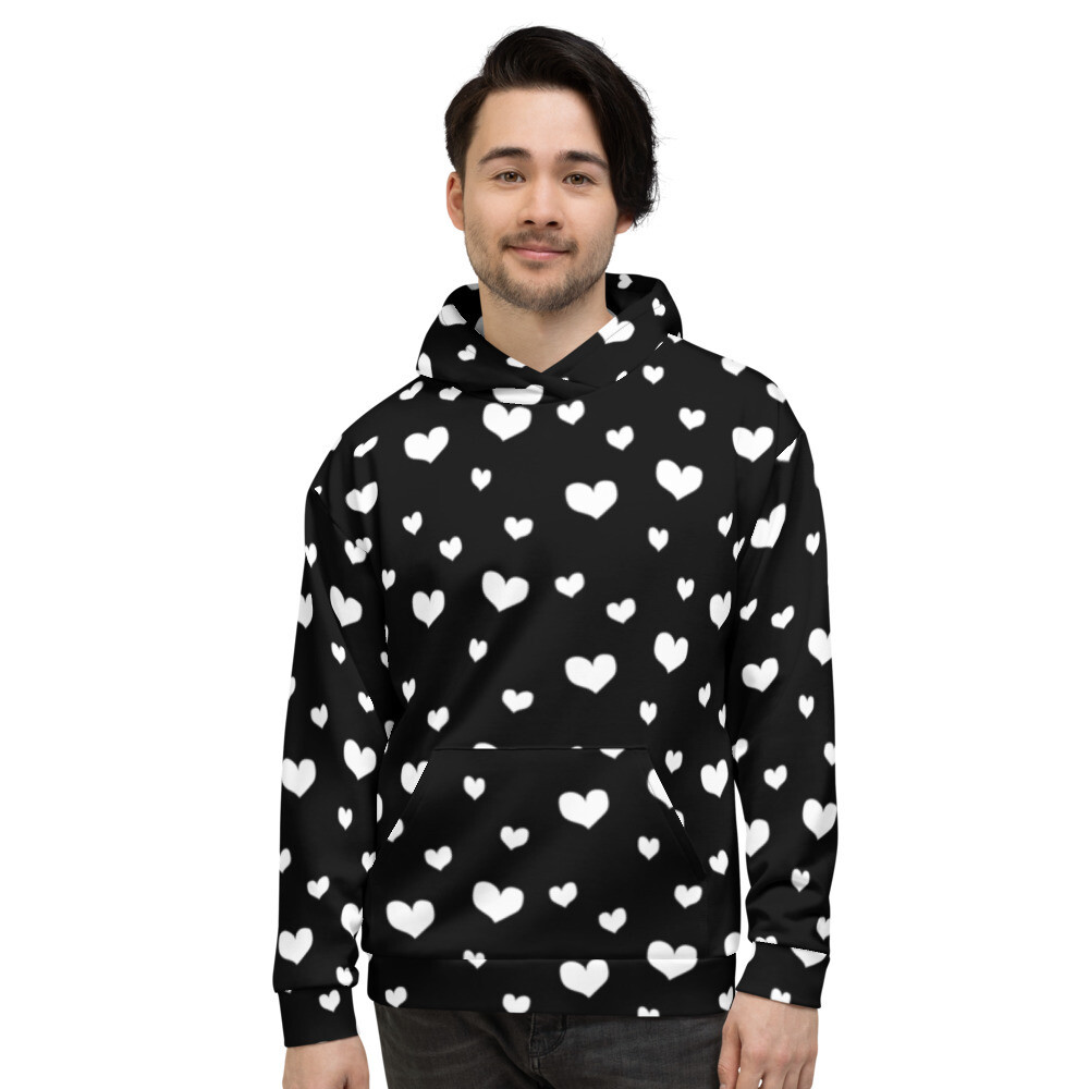 👸🏽🤴🏽Fashion Unisex Hoodie Valentine, white hearts on black, Valentine's day, love, heart pattern 7 Sizes XS to 3X, Gift, All over print