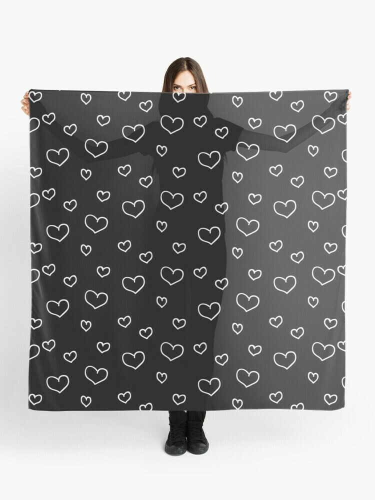 Super soft silky Scarf Valentine, white outline hearts on black, Valentine's day, love, heart pattern, Valentine gift